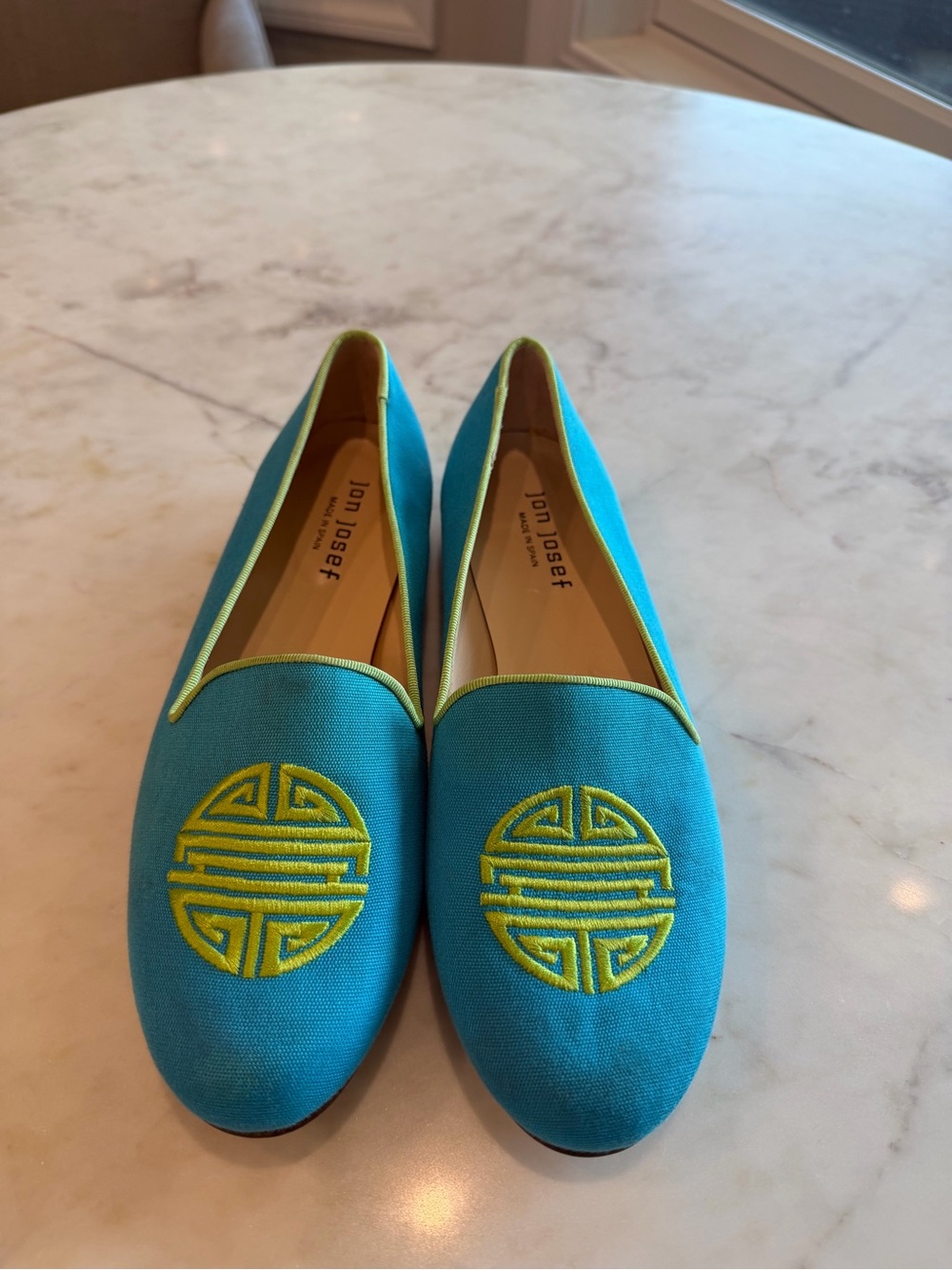 Jon Josef Turquoise Slip-On Loafers with Lime Embroidery